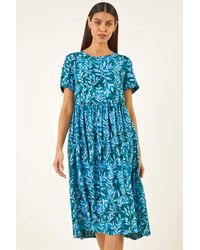 Roman - Leaf Print Smock Midi Dress - Lyst