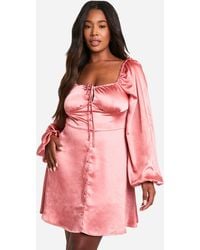 Boohoo - Plus Satin Balloon Sleeve Milkmaid Mini Skater Dress - Lyst