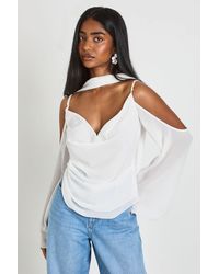 Boohoo - Chiffon Cold Shoulder Scarf Detail Blouse - Lyst