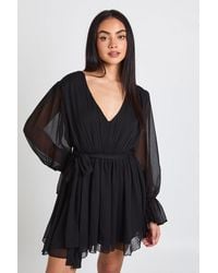 Boohoo - Chiffon Volume Sleeve Tie Waist Mini Dress - Lyst