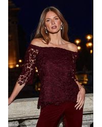 Sosandar - Burgundy Luxe Lace Bardot Top - Lyst
