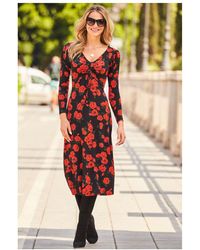 Sosandar - Floral Print Ruched Front V Neck Midi Jersey Dress - Lyst