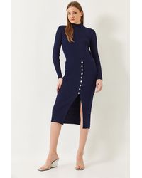 Bianco Lucci - Ribbed Textured Turtleneck Midi Knitted Dress - Lyst