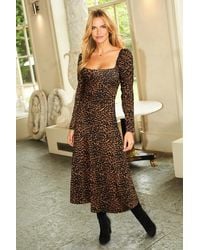 Sosandar - Leopard Print Square Neck Jersey Midi Dress - Lyst