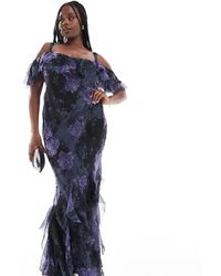 ASOS - Design Ruffle Off Shoulder Maxi Dress With Asymmetric Godets - Lyst