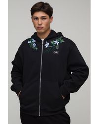 BoohooMAN - Oversized Boxy Floral Embroidered Zip Through Hoodie - Lyst