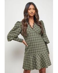 Oasis - Checked Lace Neck Puff Sleeve Mini Dress - Lyst