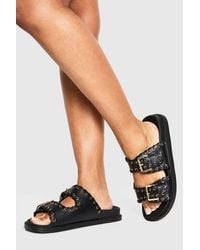 Boohoo - Wide Fit Whipstitch Detail Double Strap Footbed Slider - Lyst