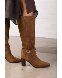 Where's That From - Wheres 'Jolisa' Suede Buckle Strap Knee High Boots With Block Heel And Pointed Toe - Lyst