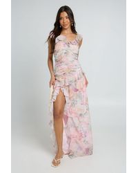 Boohoo - Chiffon Floral Ruched Waist Ruffle Detail Maxi Dress - Lyst