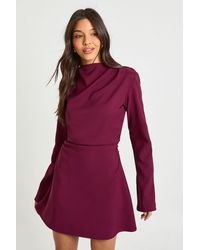 Boohoo - Long Sleeve Ruched High Neck Shift Dress - Lyst