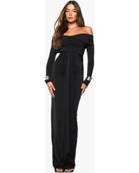 Boohoo - Ruched Bardot Long Sleeve Maxi Dress - Lyst