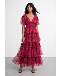 Warehouse - Tulle Floral Plunge Neck Flutter Sleeve Tier Maxi Dress - Lyst