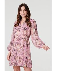 Izabel London - Floral Long Puff Sleeve Shirt Dress - Lyst