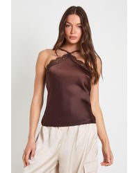 Boohoo - Satin Halter Lace Trim Cami Top - Lyst