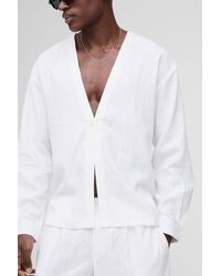 BoohooMAN - Heavyweight Linen Blend Collarless Long Sleeve Regular Fit Shirt - Lyst