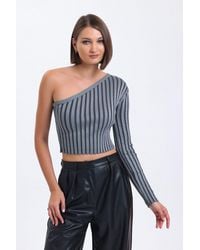 Hiccup - Striped One Shoulder Knitted Ribbed Cropped Blouse - Lyst