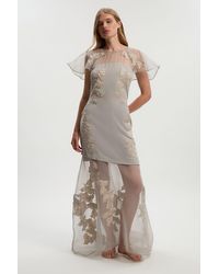 Karen Millen - Tall Quilted Applique Organdie Angel Sleeve Woven Maxi Dress - Lyst