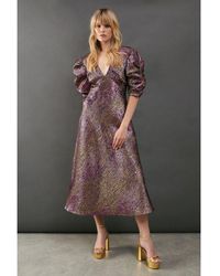 Warehouse - Metallic Jacquard Plunge Neck Puff Sleeve Midi Dress - Lyst