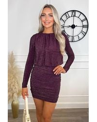 AX Paris - Plum Sparkly Long Sleeve Ruched Mini Dress - Lyst