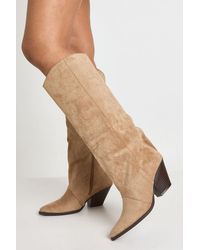 Boohoo - Faux Suede Embroidered Column Western Boots - Lyst