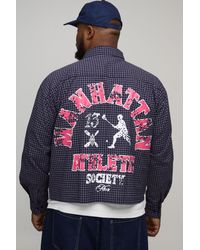 BoohooMAN - Plus Oversized Boxy Varsity Print Micro Check Shirt - Lyst