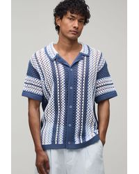 BoohooMAN - Relaxed Revere Open Stitch Knit Stripe Shirt - Lyst