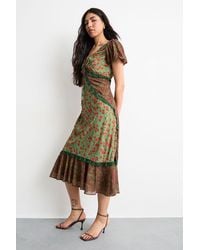 Warehouse - Mixed Georgette Lace Insert Tendril Hem Midi Tea Dress - Lyst