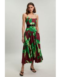 Karen Millen - Viscose Linen Palm Tree Belted Drop Waist Woven Midi Dress - Lyst