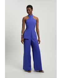 Karen Millen - Tailored Cotton Sateen Halter Jumpsuit - Lyst