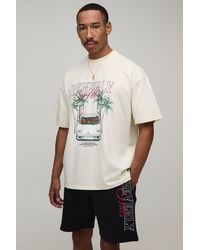BoohooMAN - Oversized Extended Neck Beverly Hills Palm Print T-Shirt & Short Set - Lyst