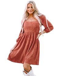 Azura Exchange - Dames Elegante Rechte Hals Pofmouw Jurk In Bruin - Lyst