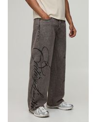 BoohooMAN - Gothic Graphic Embroidered Baggy Fit Jeans - Lyst