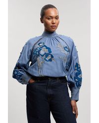 Karen Millen - Plus Size Balloon Sleeve Embroidered And Beaded Woven Blouse - Lyst