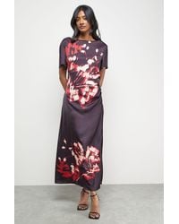 Warehouse - Placement Print Crinkle Satin Ruched Midi Dress - Lyst