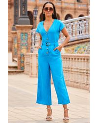 Sosandar - Sky Linen Belted Culotte Jumpsuit Viscose/Linen - Lyst