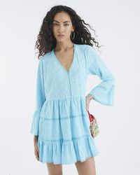 River Island - Beach Mini Dress Broderie Long Sleeve - Lyst