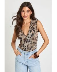 Boohoo - Animal Printed Mesh Ruched Neckline Bodysuit - Lyst