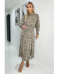 AX Paris - Animal Print Long Sleeve Shirred Detail Midi Dress - Lyst