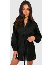 Boohoo - Petite Linen Look Belted Shirt Dress - Lyst