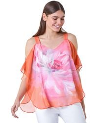 Roman - Floral Print Cold Shoulder Overlay Top - Lyst