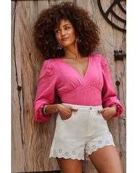Sosandar - Ivory Broderie Trim Denim Shorts - Lyst