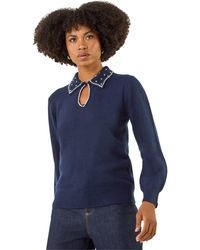 Roman - Faux Pearl Collared Keyhole Knit Jumper - Lyst