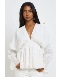 Boohoo - V-Neck Blouson Sleeve Volume Smock Top - Lyst