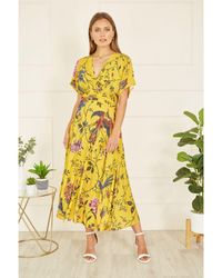 Yumi' - Viscose Bird And Floral Print Ruched Waist Midi Dress - Lyst