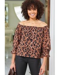 Sosandar - Chocolate Animal Print Sheer Sleeve Bardot Jersey Top - Lyst