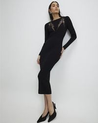 River Island - Midi Dress Lace Insert Rib Viscose - Lyst