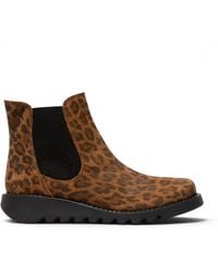 Fly London - Leopard Tan Chelsea Suede Leather Ankle Boots - Lyst