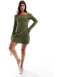 Pieces - Off The Shoulder Ribbed Mini Dress With Lettuce Edge Detail - Lyst