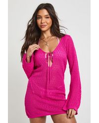 Boohoo - Key Hole Tie Long Sleeve Crochet Mini Beach Dress - Lyst